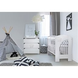 Set mobilier bebe Klups NEL CLOUD alb cu patut, comoda si saltea cocos