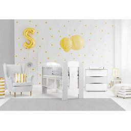 Set mobilier camera bebe Klups Nati alb gri cu patut, comoda si saltea