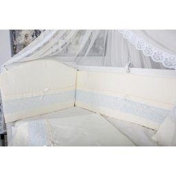 Lenjerie pentru patut bebe MyKids 11 piese cu baldachin, Cream albastru 120x60 cm