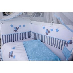 Lenjerie pentru patut bebe MyKids Elephant 9 piese gri-albastru 120x60 cm