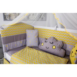 Lenjerie pentru patut bebe MyKids Cloud 10 piese gri-galben 120x60 cm