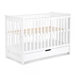 Patut bebe din lemn Klups Iwo alb cu sertar si reglaj 3 niveluri 120x60 cm