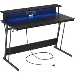 Birou gaming VASAGLE cu LED, prize USB si suport 2 monitoare, negru