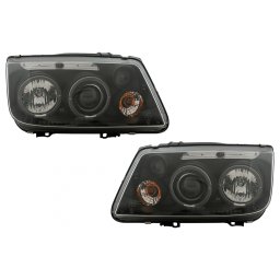 Faruri Angel Eyes negre pentru VW Bora 1998-2005 cu reglaj electric