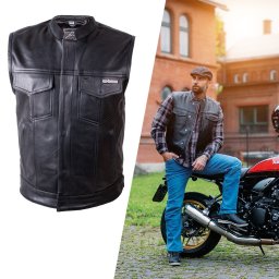 Vesta moto din piele naturala W-TEC Delasola, neagra, stil chopper