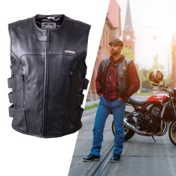 Vesta moto din piele naturala W-TEC Trabacho, ajustabila, neagra