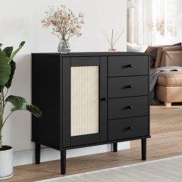 Servanta SENJA, aspect ratan negru, 80x40x80 cm, lemn masiv pin GartenMobel Dekor
