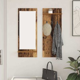 Cuier de perete cu oglinda si 2 rafturi, lemn vechi, 70x10x90 cm