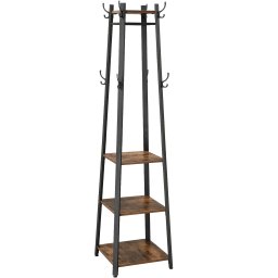 Cuier de hol VASAGLE cu 3 rafturi si 8 carlige, stil industrial, maro rustic
