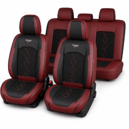 Huse auto premium 5 locuri Carguard Deluxe, rosu-negru, piele ecologica