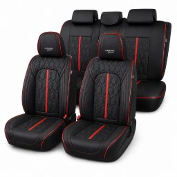 Huse auto premium 5 locuri Carguard Deluxe din piele ecologica perforata, negru-rosu