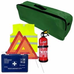 Set auto prim ajutor Cridem 6 piese cu stingator 1 kg si geanta verde