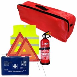 Set prim ajutor auto Cridem 6 piese cu stingator 1 kg si geanta rosie