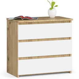 Noptiera cu 3 sertare din PAL 16 mm, stejar artisan si alb, 60x35x57 cm
