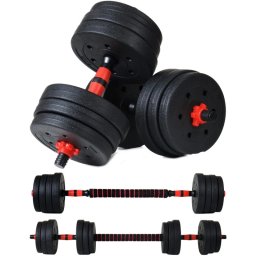 Set haltere si gantere reglabile 20 kg, cu bara de conectare, negru/rosu