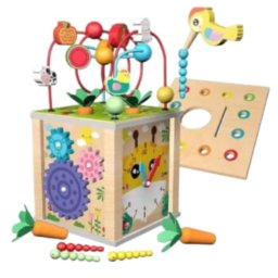 Cub Activitati Educativ Montessori 10 in 1, din lemn, Ciocanitoare si Xilofon