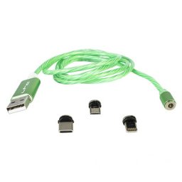 Cablu LTC MAGIC-CABLE-G | 3in1, USB-C/Lightning/Micro USB, 1m, LED Verde