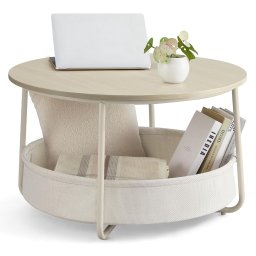 Masuta de cafea rotunda VASAGLE cu cos textil, 75x45 cm, bej crem
