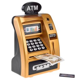 Jucarie Pusculita bancomat ATM cu amprenta, sunete si card, auriu, 24 cm