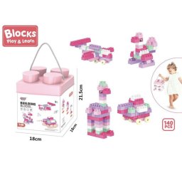 Set 140 piese de construit Building Blocks multicolore, cutie depozitare cu maner, Roz