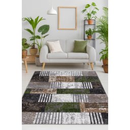 Covor Modern, Kolibri 11583-BG92, Marime 240 x 340 cm , Gri, Maro, Verde, Inaltime Fir 9 mm, Antialergic, Polipropilena, Living, Dormitor, Hol