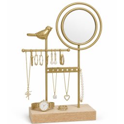 Suport pentru bijuterii cu oglinda Pufo Goldy, organizator accesorii cu suport cercei si coliere, auriu, 21 cm