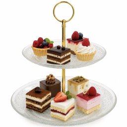 Fructiera etajata Pufo Luxury din sticla cu 2 niveluri, pentru prajituri, mini torturi, fructe, aperitive, maner metalic auriu