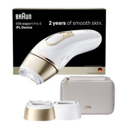 Epilator IPL Silk-expert PRO 5 PL5210 Senzor automat & continuu Skin pro 2.0 400.000 impulsuri 10 niveluri de intensitate 125 de impulsuri pe minut 2 Capete de epilat Trusa de voiaj Aparat de ras Venus Alb/Auriu