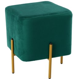 Taburet patrat verde tapitat cu stofa si picioare metalice, 35x35x40 cm