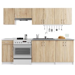 Set mobila bucatarie Lima 240 cm cu blat alb si 7 corpuri, stejar sonoma