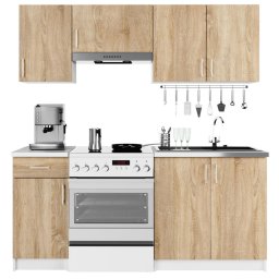 Set mobilier bucatarie Lima 180 cm cu blat alb, 5 corpuri, stejar sonoma