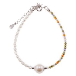 Bratara Perle de cultura albe lunguiete, Mix cristale si charm stea din argint 925