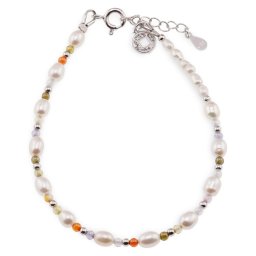 Bratara Perle de cultura albe lunguiete, Mix cristale si charm moneda din argint 925