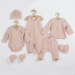 Set 7 piese, new baby, include body cu maneca lunga, bluza, pantalonasi cu botosei, salopeta fara maneci, caciulita, manusi, botosei, marime 56, din bumbac 100%, i am pink