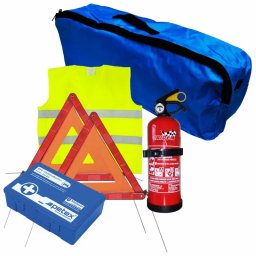 Set prim ajutor auto 6 piese cu stingator, trusa si geanta bleumarin