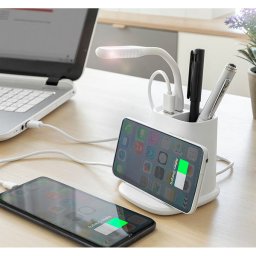 Incarcator wireless 5-in-1 cu suport, organizator de birou si lampa LED