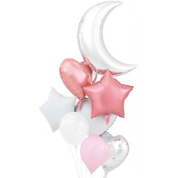 Set 8 baloane decorative cu luna, stele si inimi roz si argintiu