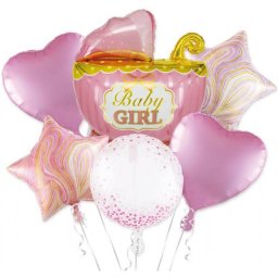 Set 6 baloane din folie Baby Girl cu carucior roz pentru baby shower