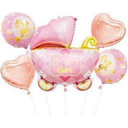 Set 5 baloane din folie carucior roz pentru baby shower si fetita