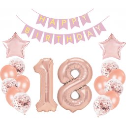 Set 20 baloane pentru majorat roz quartz cu cifra 18 si banner