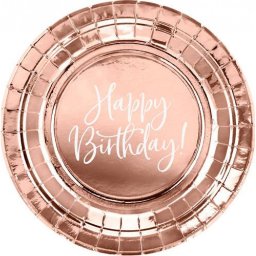 Set 6 farfurii de unica folosinta Happy Birthday roz auriu, 18 cm