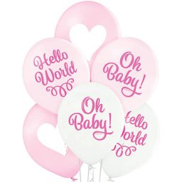 Set 6 baloane latex Oh Baby Girl, roz-alb, 30 cm, pentru baby shower