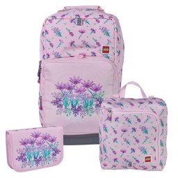 Set 3 piese LEGO Flori roz pentru scoala, cu ghiozdan, geanta si penar