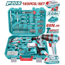 Trusa de scule TOTAL 165 piese cu bormasina cu percutie 20V si acumulator