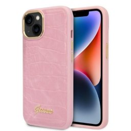 Husa Husa telefon Guess pentru iPhone 14, Croco with Metal Logo, Piele ecologica, Roz