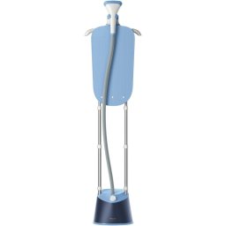 Fier de calcat vertical cu picior 2 stalpi susținere ajustabil pe inalțime 1800W 240V capacitate rezervor 1.8L 3 setari pentru abur StyleMat manusa perie umeras integrat Albastru