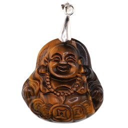 Pandantiv Ochi de tigru figurina gravata Buddha vesel, 38mm