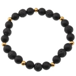 Bratara pentru barbati Onix mat, Roca vulcanica sfere 8mm si inox auriu pe elastic