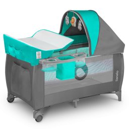 Patut pliant, lionelo, sven plus, 120x60 cm, cu doua nivele, cu arcada jucarii, masuta de infasat, vibratii, melodii, conform cu standardele europeane de securitate en716 si en12221, turcoaz/gri