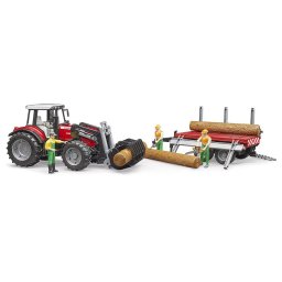 Bruder - tractor massey ferguson 7480 cu incarcator frontal si remorca pentru lemne